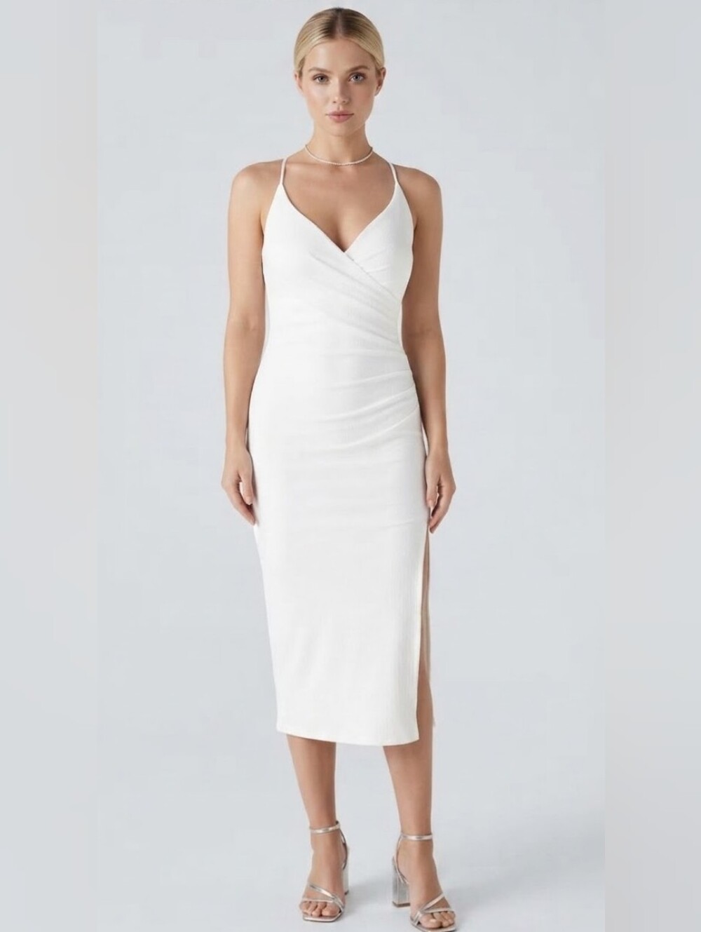 Halara SoftlyZero Airy Crossover Ruched Lace Up Midi Dress White Size Small NWT